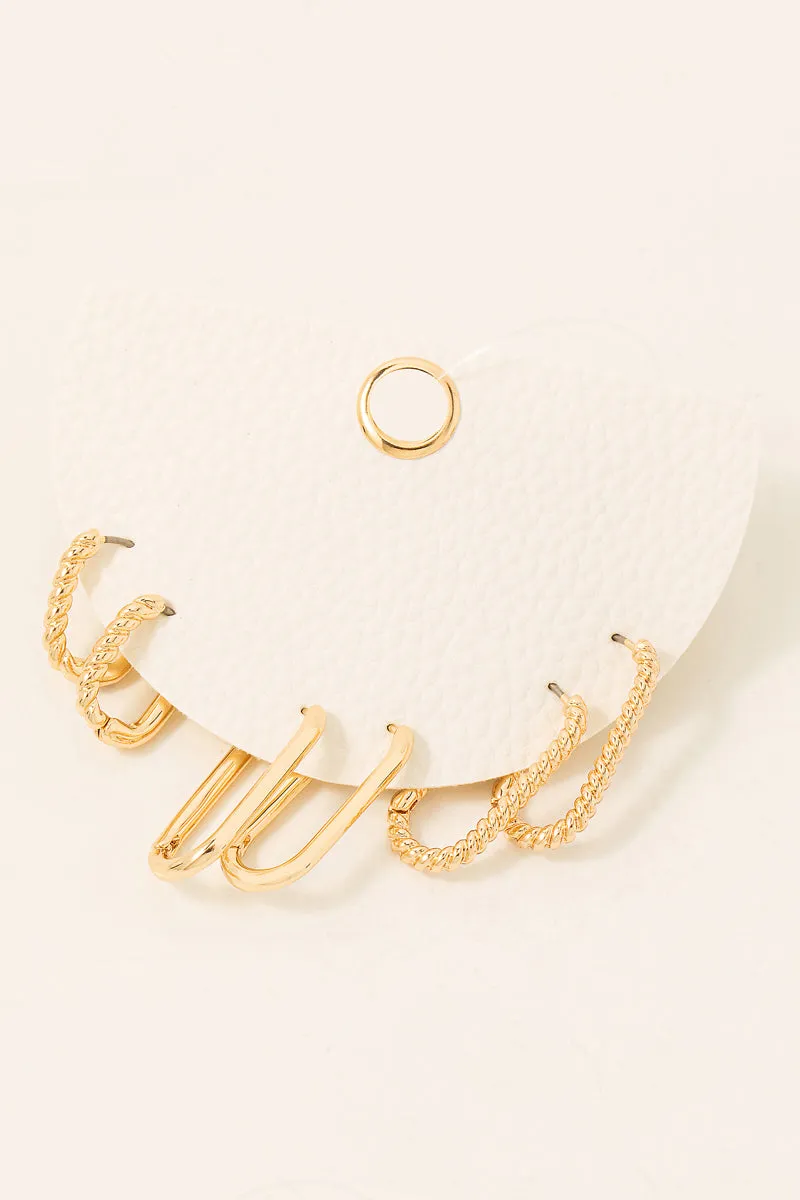 3 Pair Oval Clip Rope Textured Earring Hoop Set