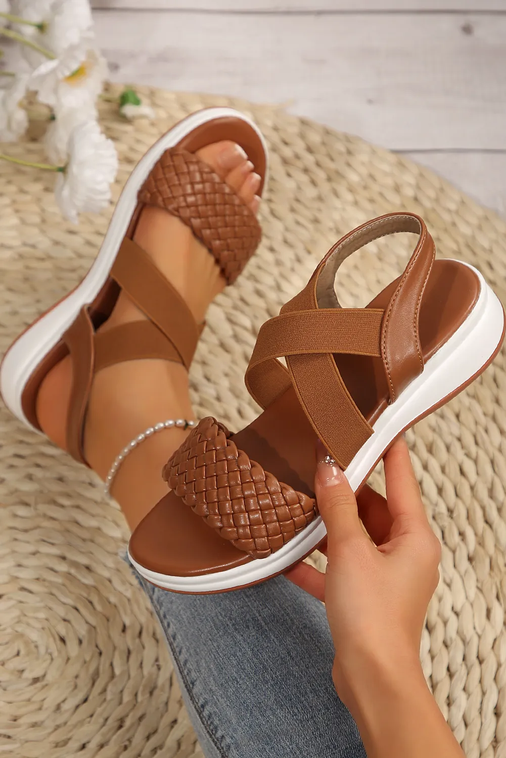 Beige Woven Elastic Criss Cross Slope Sandals