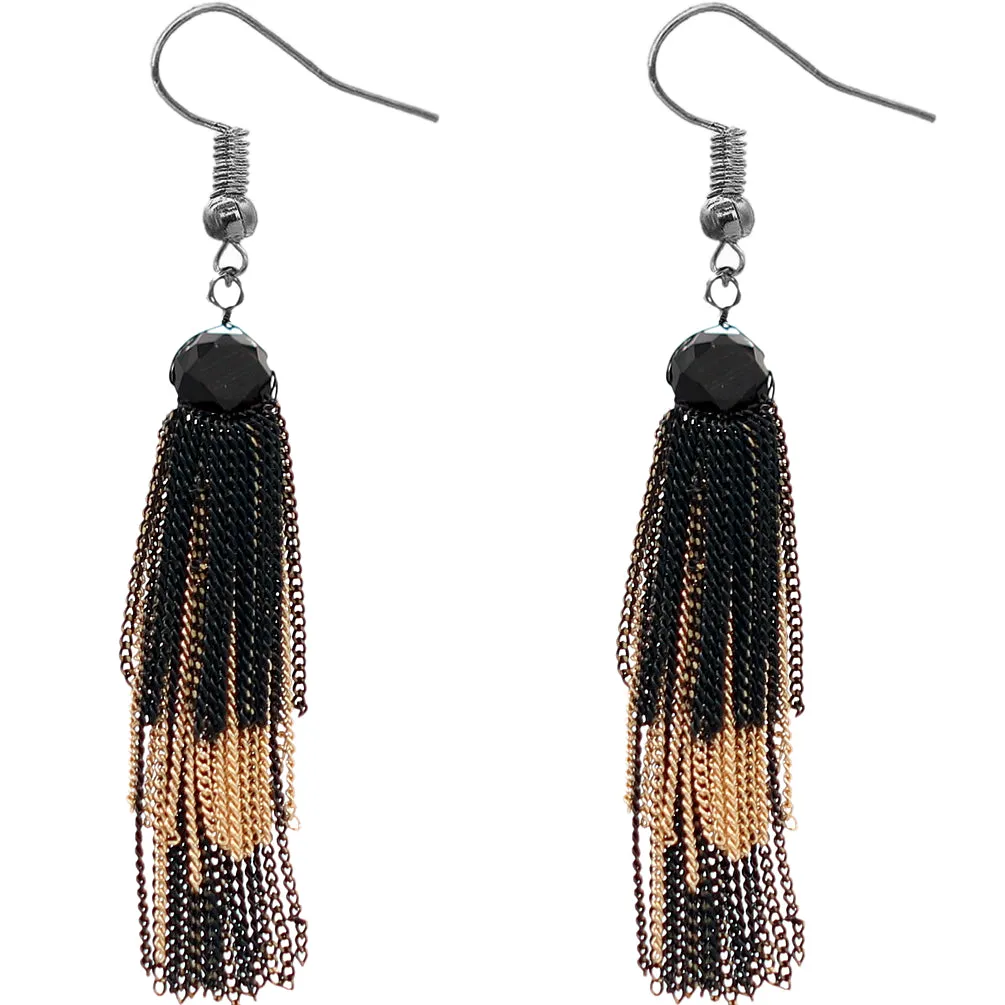 Black Gemstone Two Tone Chain Earrings