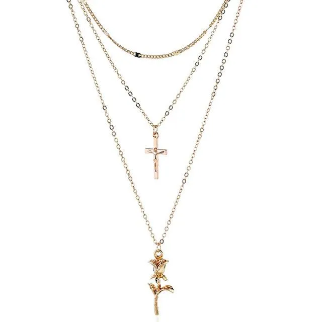 Boho Romantic Rose Cross Elegant Necklace