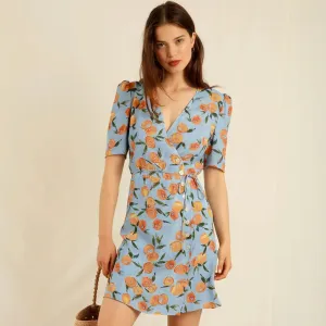 Chic Fruit Print Deep V Puff Sleeve Wrap Mini Dress - Blue