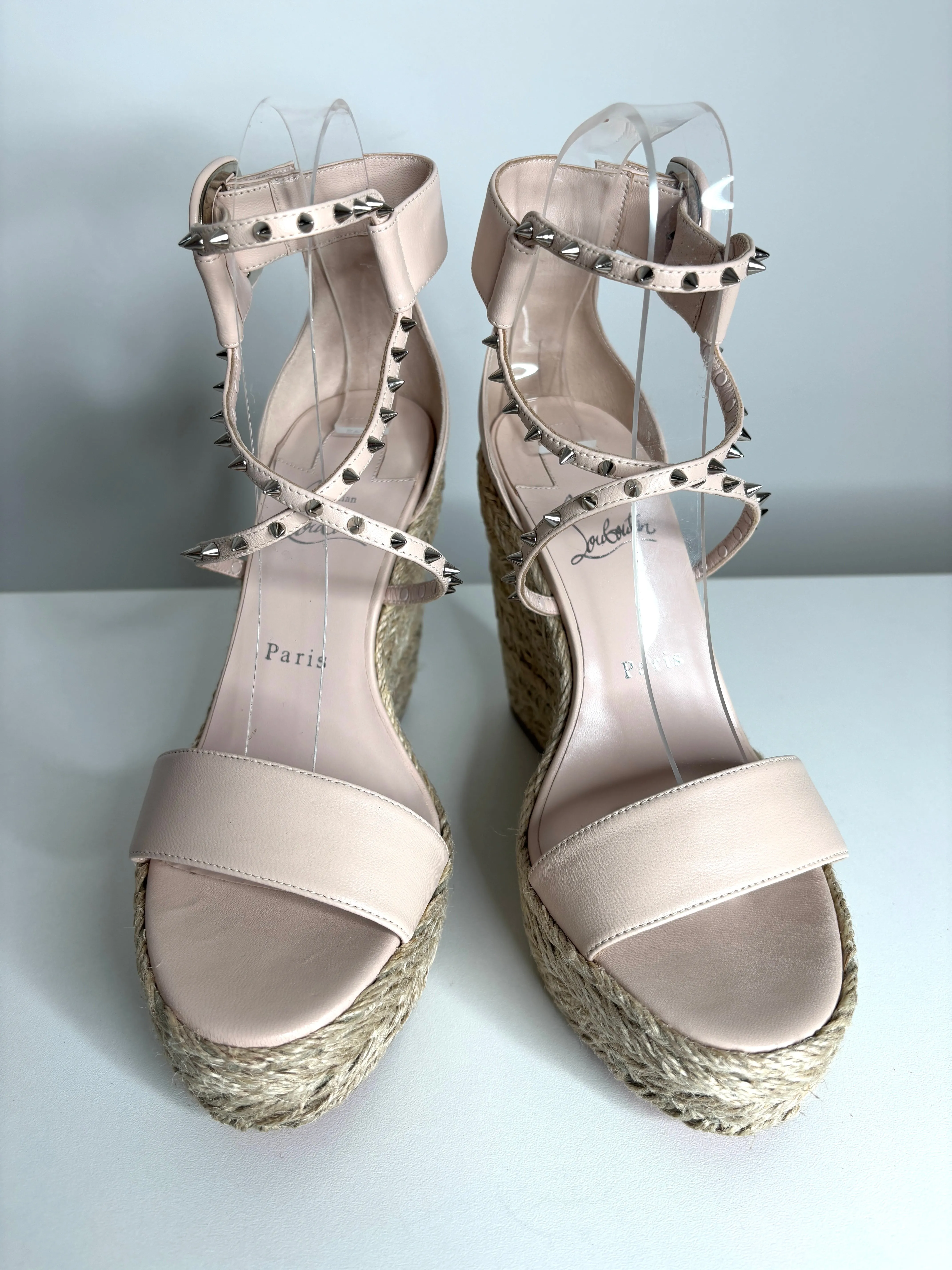 Christian Louboutin Chocazeppa Spikes 120 Beige Wedge Sandals 38 UK5