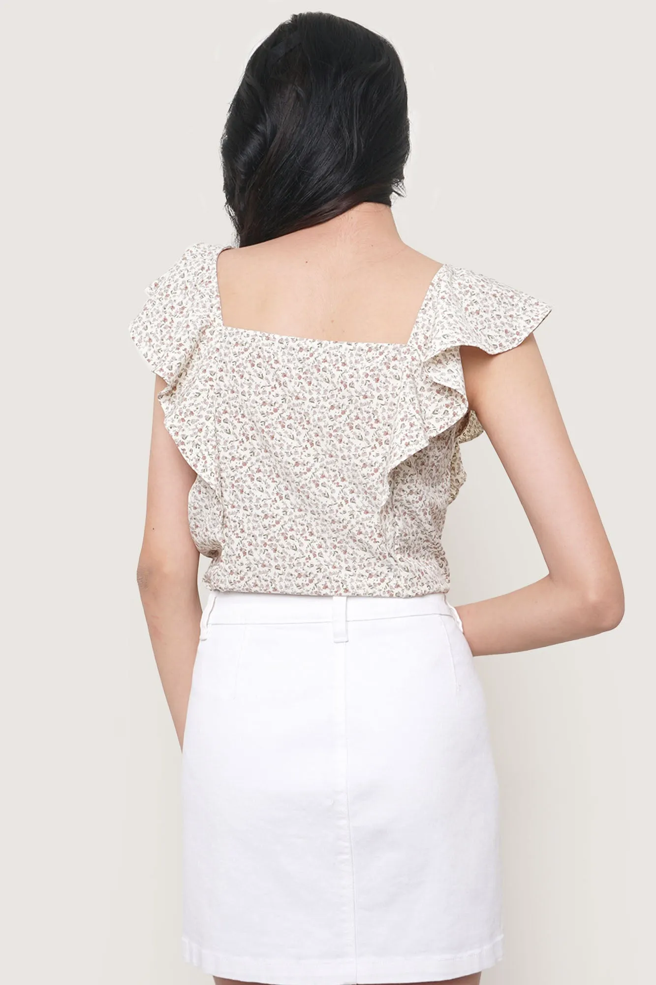 Ditsy All Over Print Sleeveless Ruffle Top