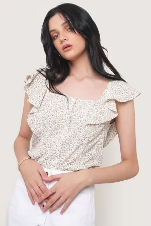 Ditsy All Over Print Sleeveless Ruffle Top