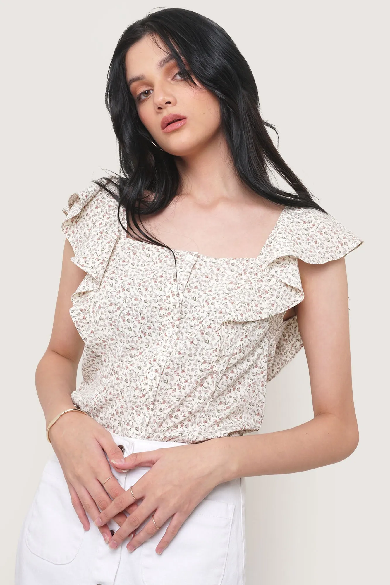 Ditsy All Over Print Sleeveless Ruffle Top