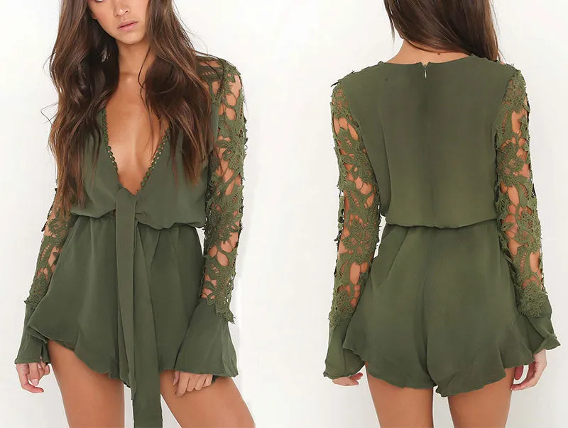 Elegant bow flare long sleeve romper