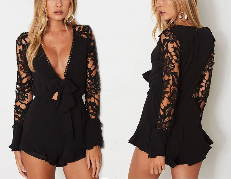 Elegant bow flare long sleeve romper