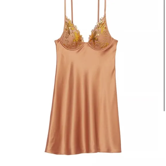 Elegant Gold Lace Trim Satin Chemise