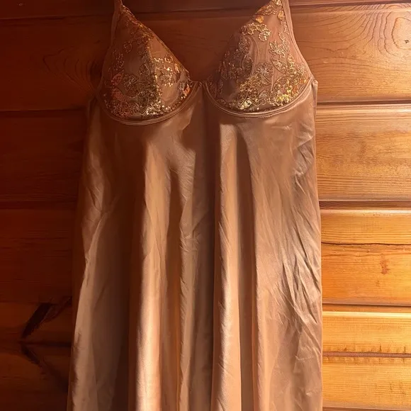 Elegant Gold Lace Trim Satin Chemise