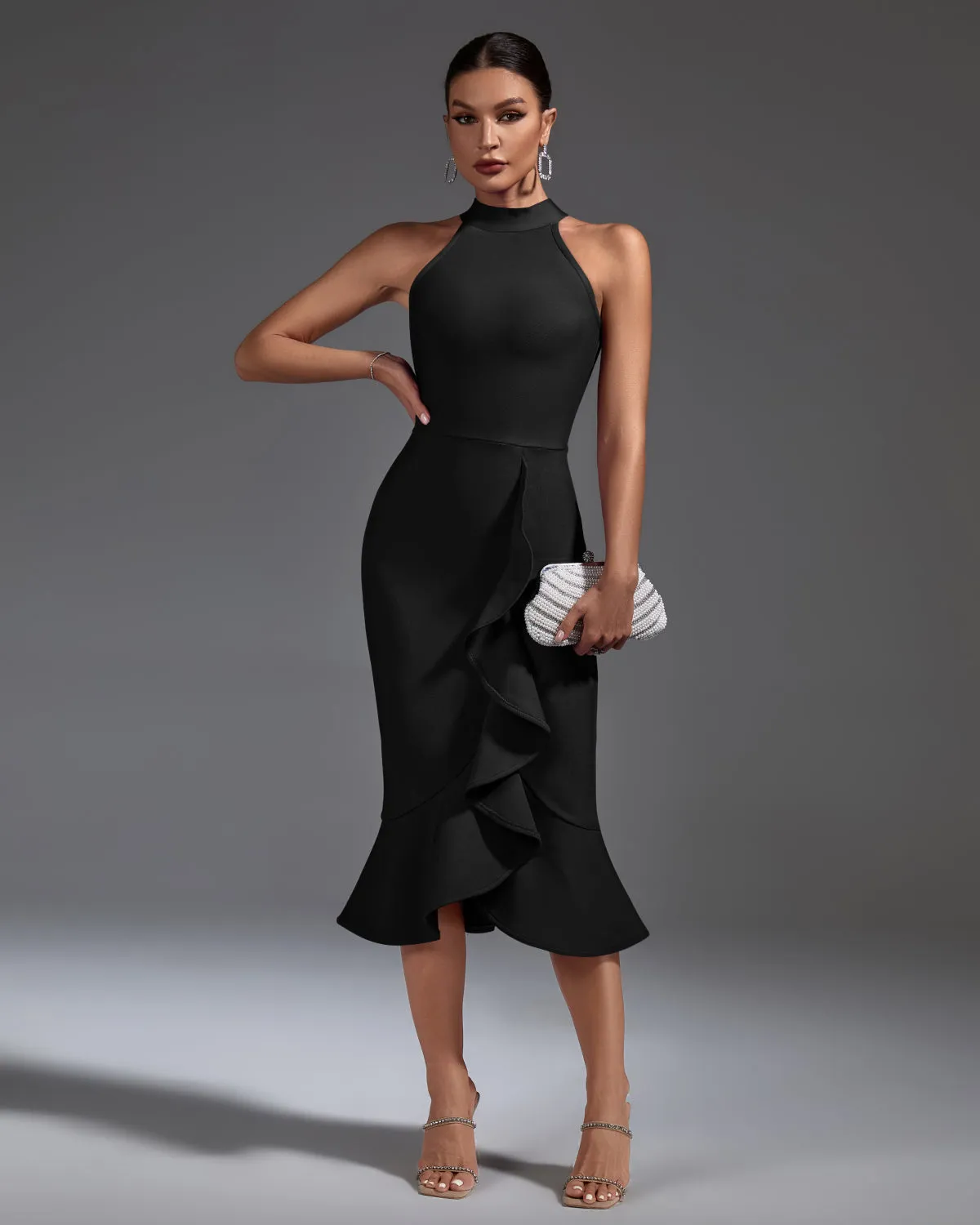 Elegant Ruffle Midi Bandage Dress