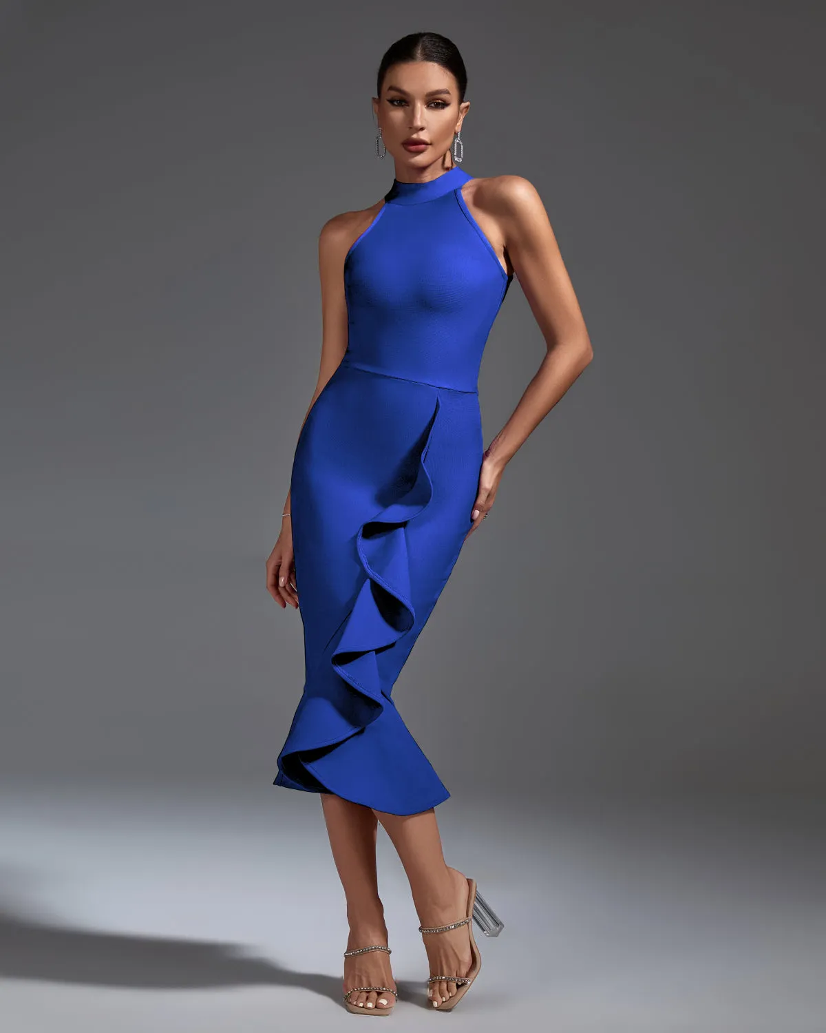 Elegant Ruffle Midi Bandage Dress