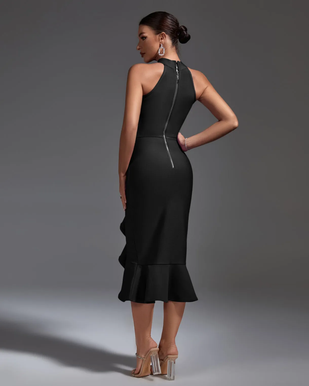 Elegant Ruffle Midi Bandage Dress