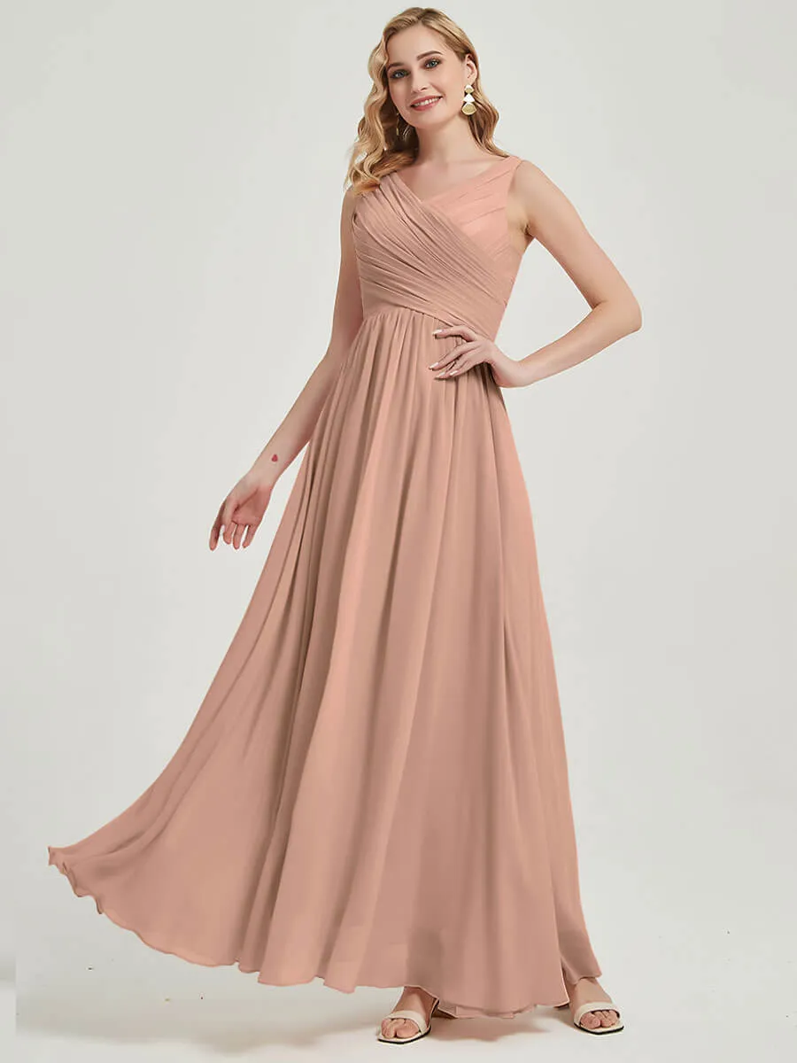 English Rose Wide Straps Sleeveless V-Neck Pleated Bridesmaid Dress