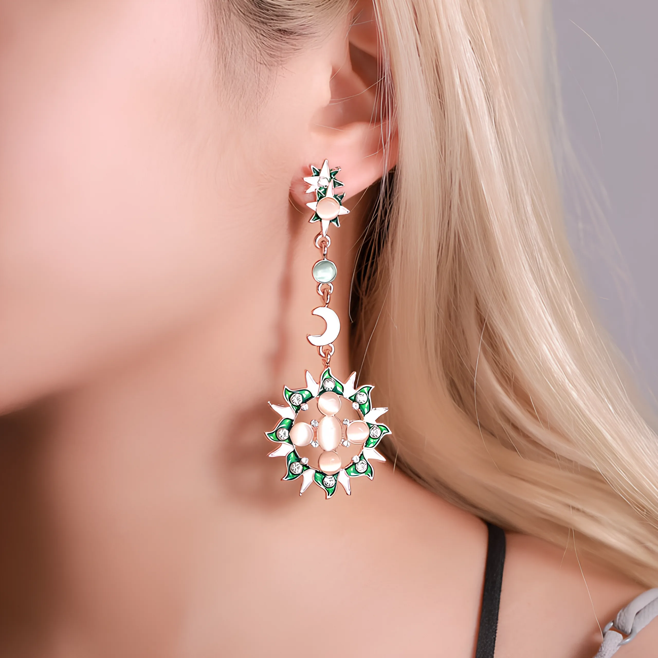 Fantasy Beauty Sun Moon Baroque Long Stud Earrings