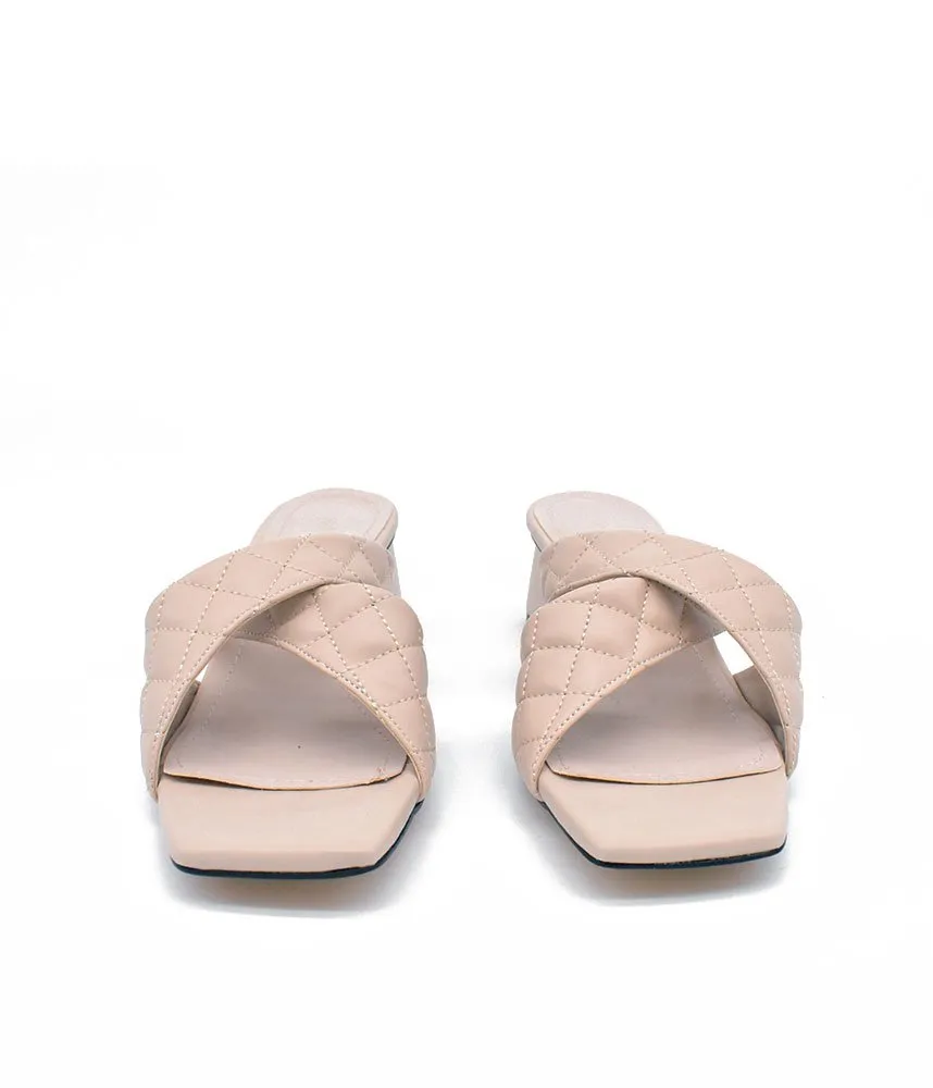 Fashionable Quilted Beige Block Heel Mules