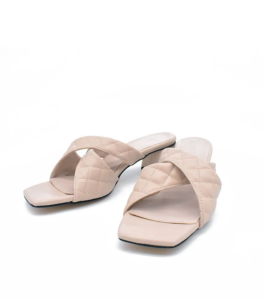 Fashionable Quilted Beige Block Heel Mules