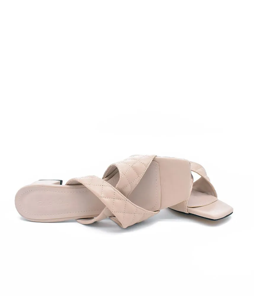 Fashionable Quilted Beige Block Heel Mules