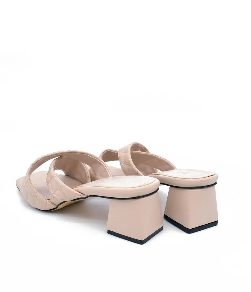 Fashionable Quilted Beige Block Heel Mules