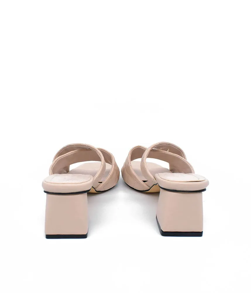 Fashionable Quilted Beige Block Heel Mules