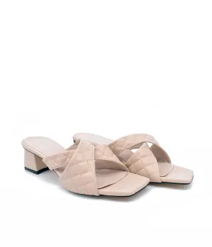 Fashionable Quilted Beige Block Heel Mules