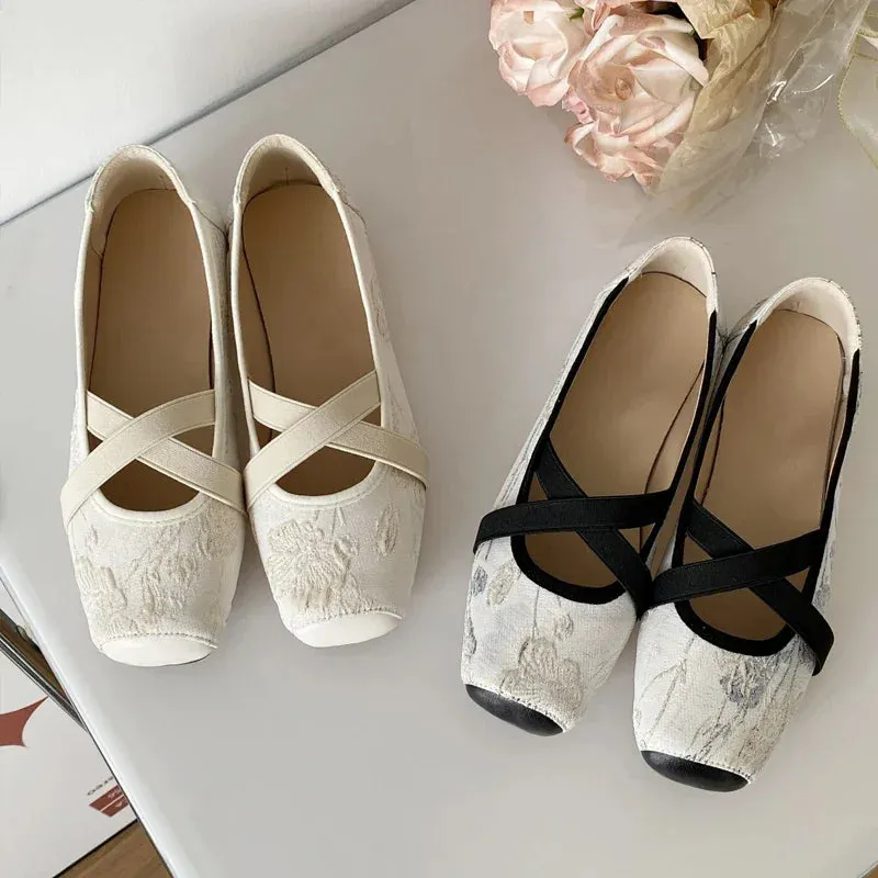 Floral Embroider Ballet Shoes Woman Elegant Almond Toe White Lace Ballerina Flats Ladies Cross Straps Wedding Party Mary Janes