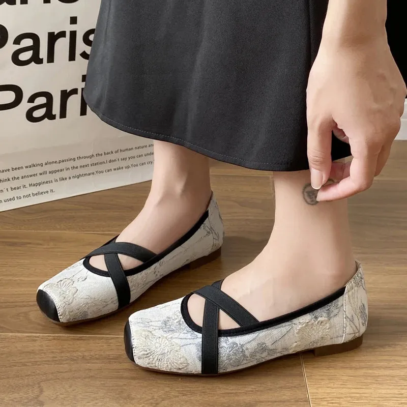 Floral Embroider Ballet Shoes Woman Elegant Almond Toe White Lace Ballerina Flats Ladies Cross Straps Wedding Party Mary Janes