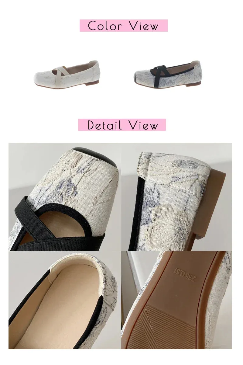 Floral Embroider Ballet Shoes Woman Elegant Almond Toe White Lace Ballerina Flats Ladies Cross Straps Wedding Party Mary Janes