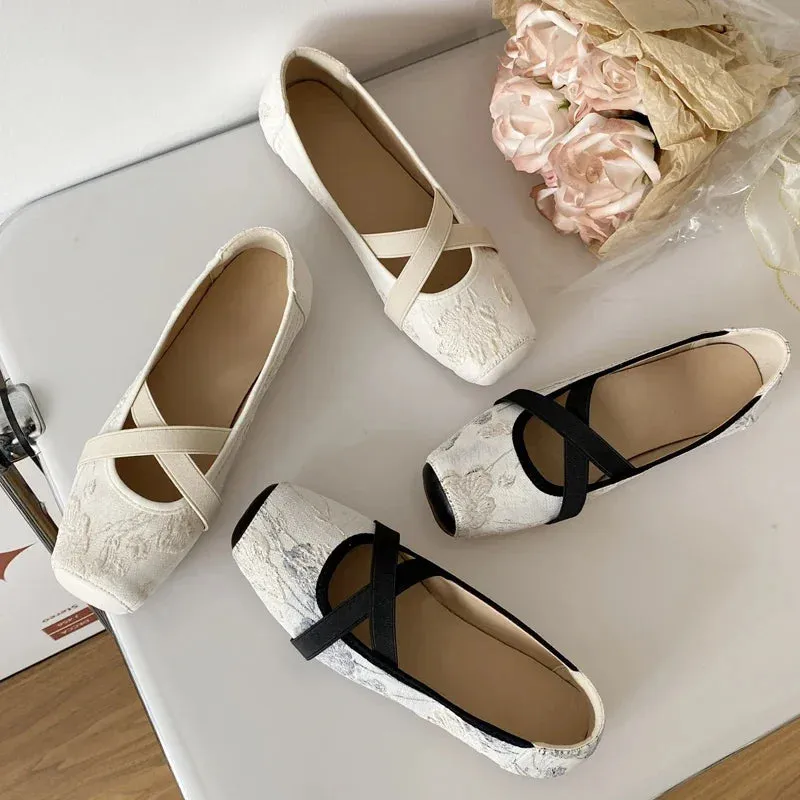 Floral Embroider Ballet Shoes Woman Elegant Almond Toe White Lace Ballerina Flats Ladies Cross Straps Wedding Party Mary Janes