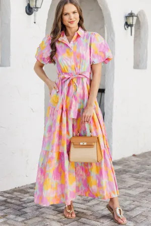 Flowy Summer Pink Watercolor Maxi Dress