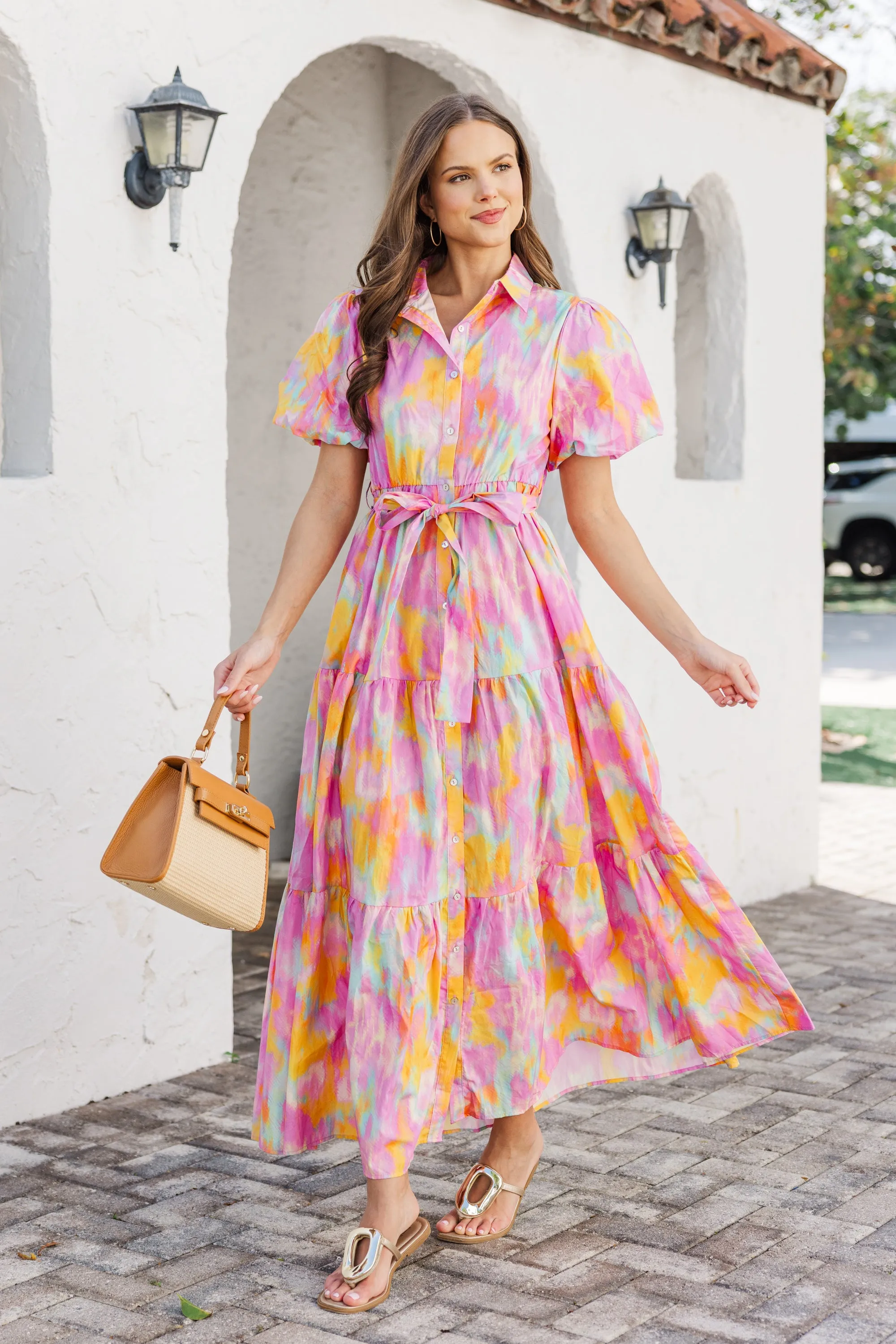 Flowy Summer Pink Watercolor Maxi Dress