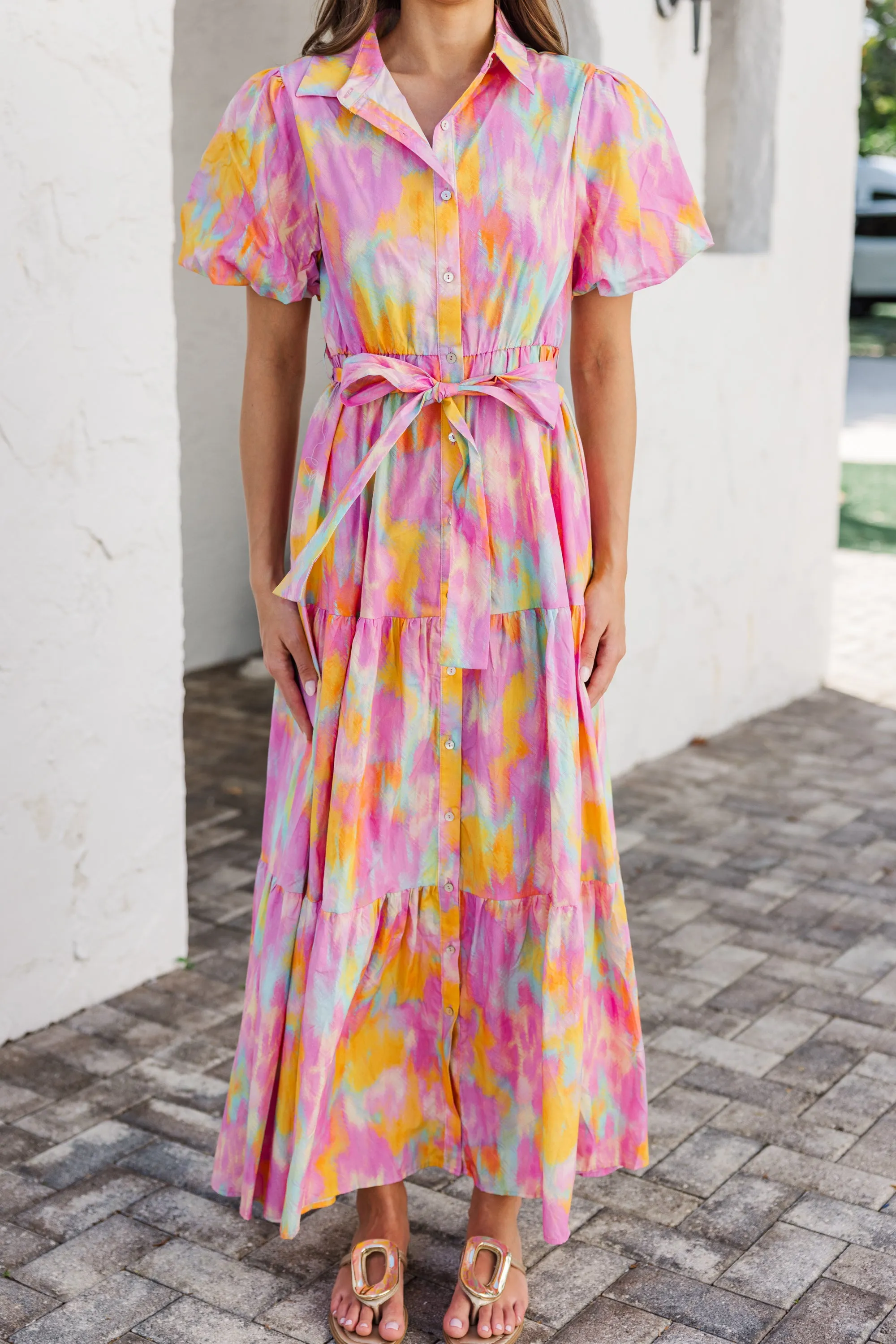Flowy Summer Pink Watercolor Maxi Dress