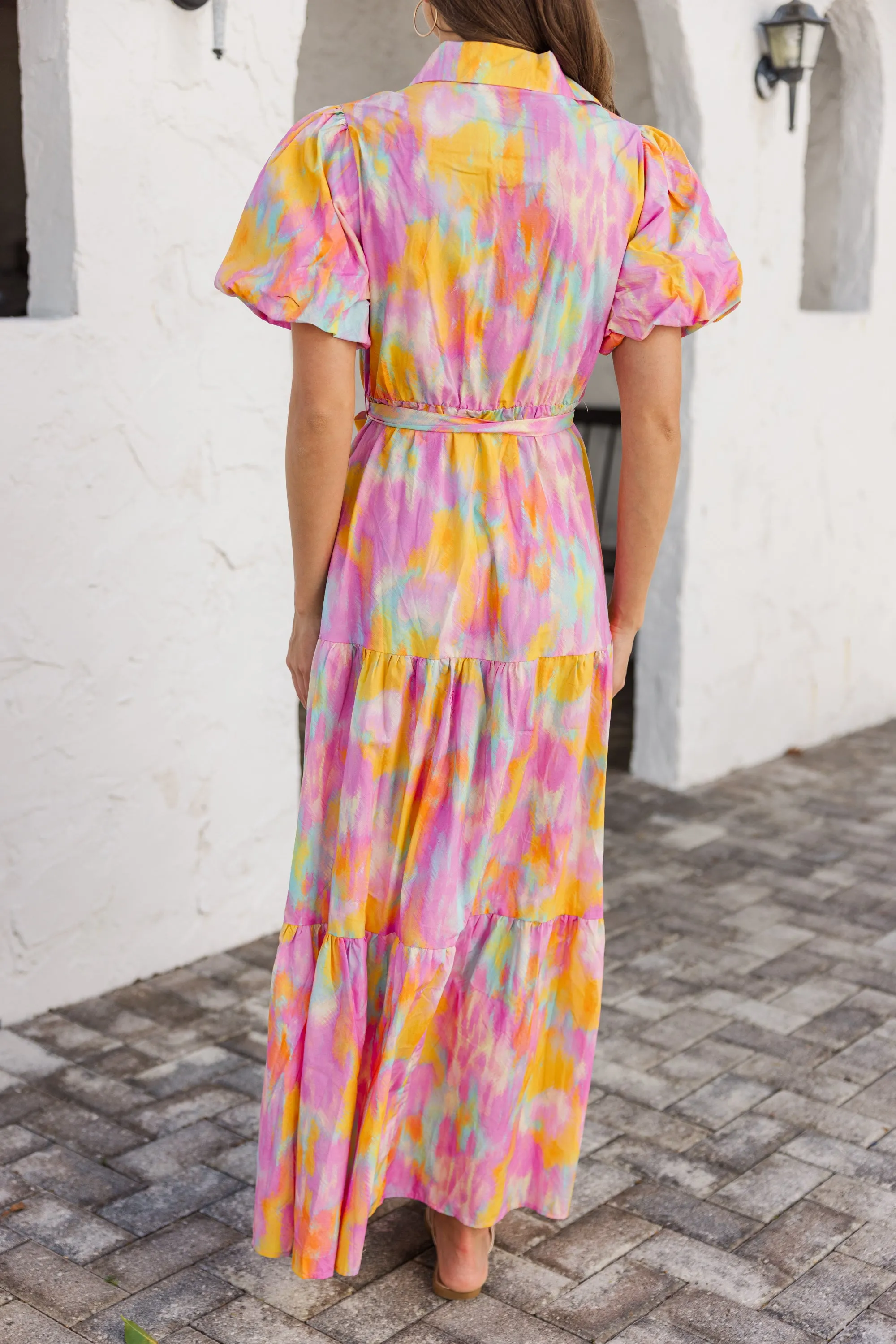 Flowy Summer Pink Watercolor Maxi Dress