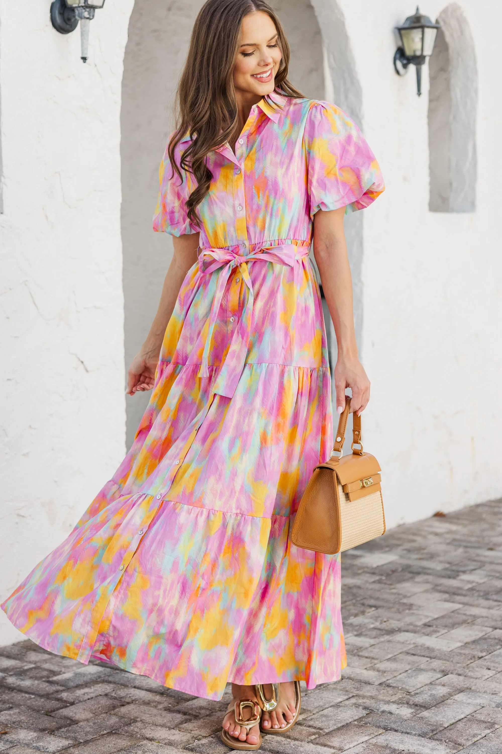 Flowy Summer Pink Watercolor Maxi Dress