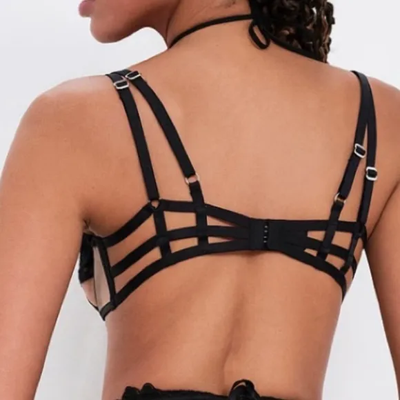 For Love And Lemons Aimee Black Unlined Sheer Nude Strappy Bra Large Feminine