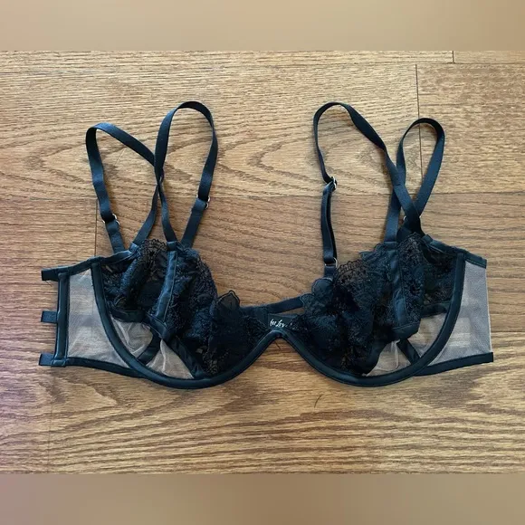 For Love And Lemons Aimee Black Unlined Sheer Nude Strappy Bra Large Feminine