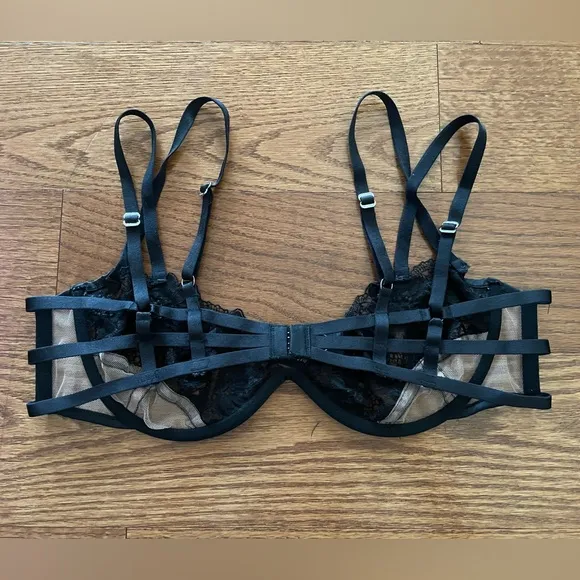 For Love And Lemons Aimee Black Unlined Sheer Nude Strappy Bra Large Feminine