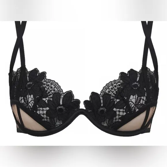 For Love And Lemons Aimee Black Unlined Sheer Nude Strappy Bra Large Feminine