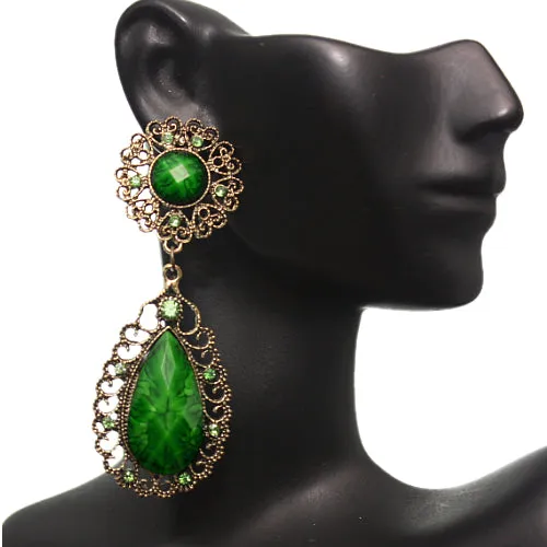 Green Faceted Teardrop Rhinestone Earrings