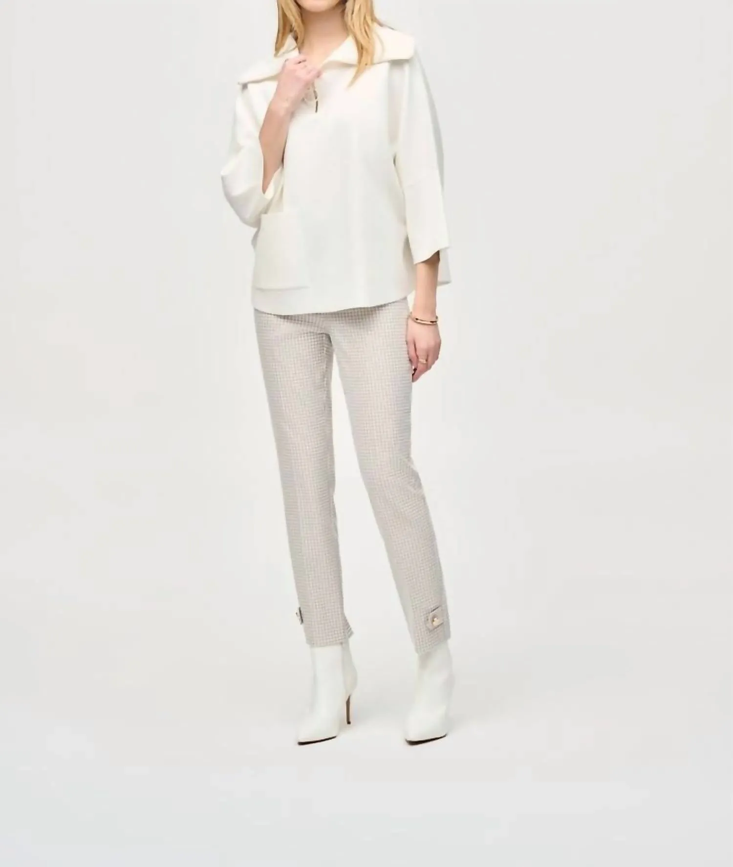 Houndstooth Jacquard Slim Fit Pants In Beige/off White