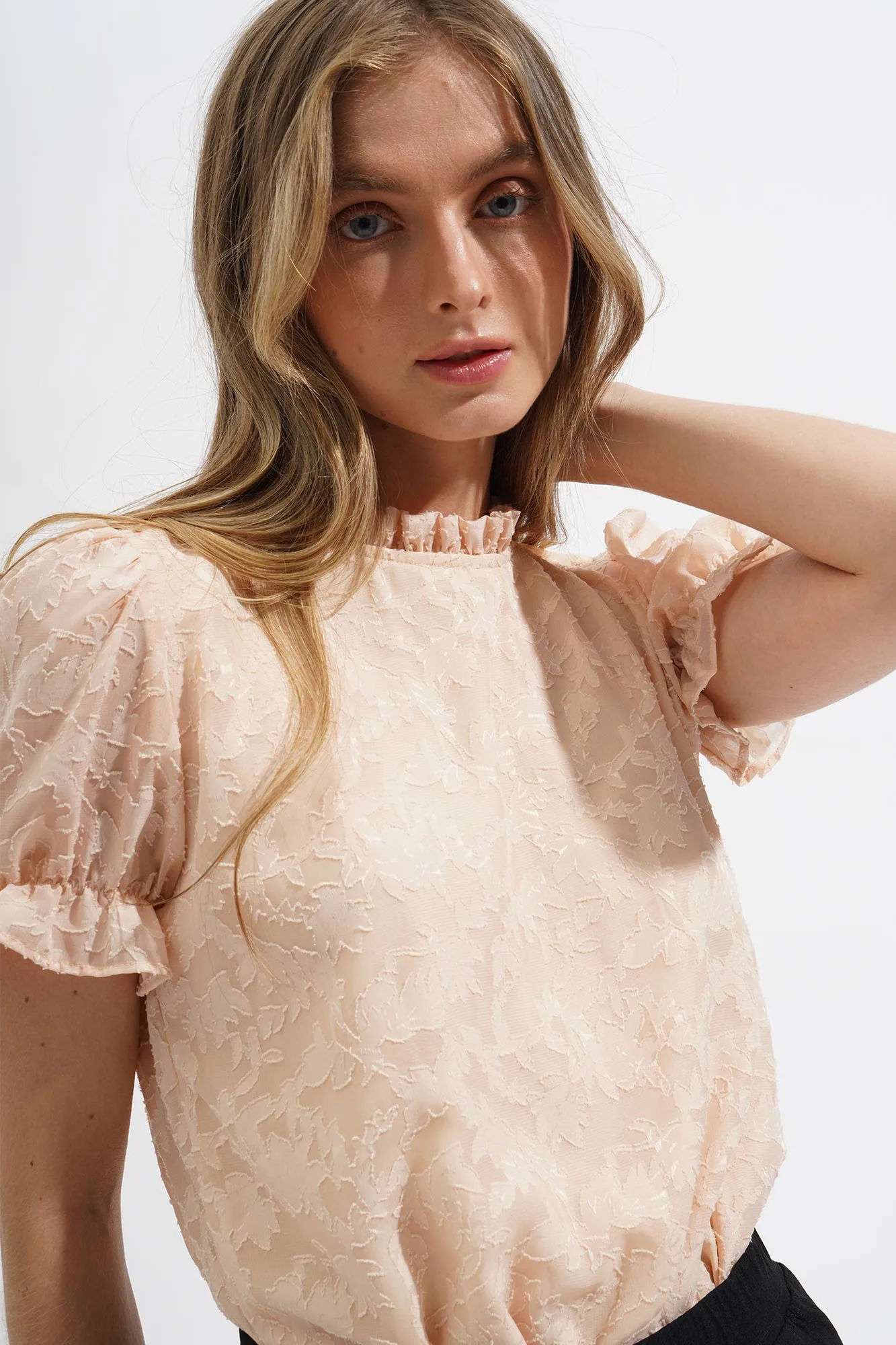 Jacquard Neck Trim Puff Sleeve Top