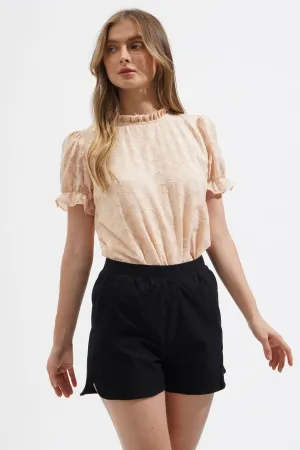 Jacquard Neck Trim Puff Sleeve Top