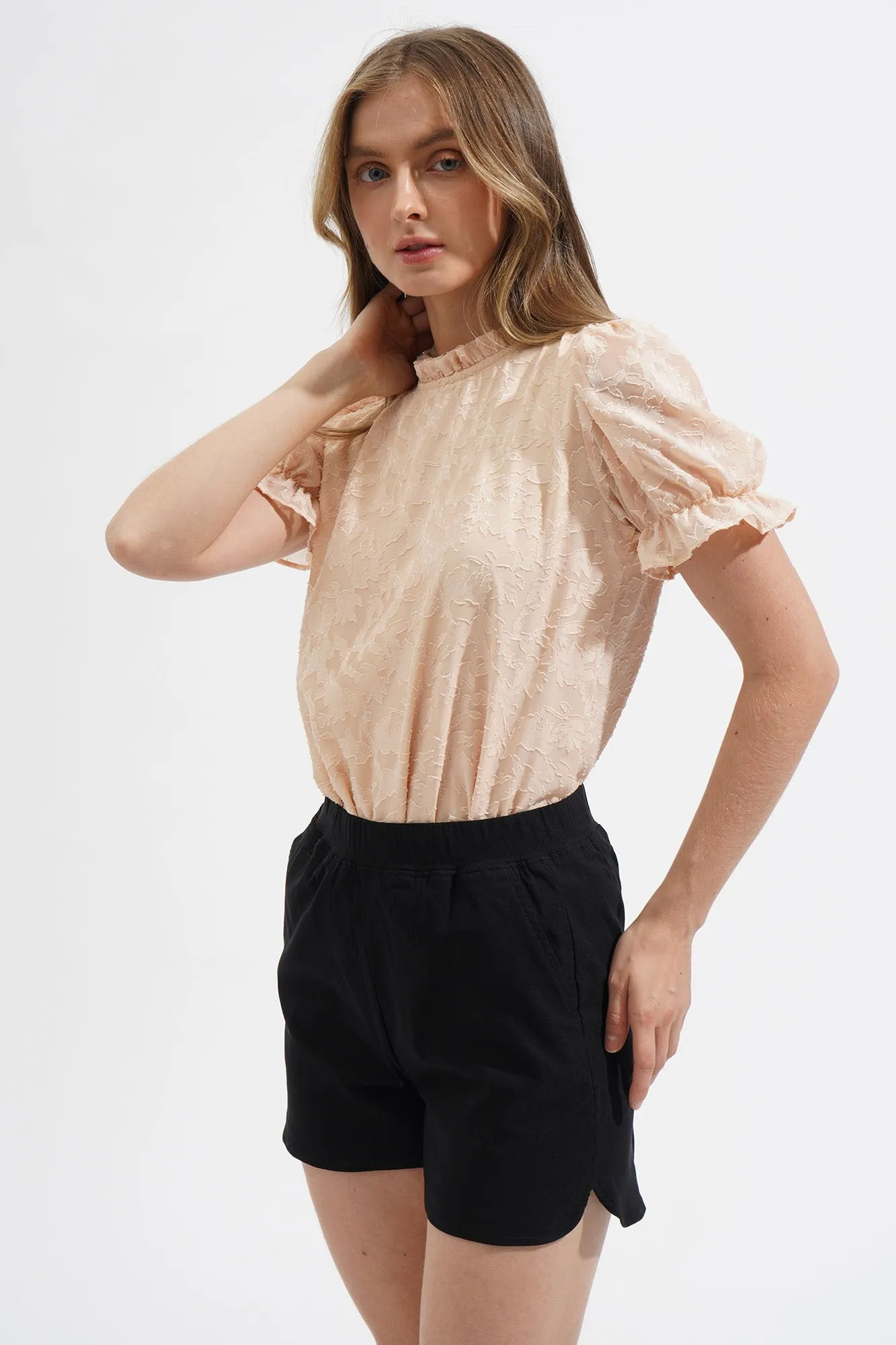Jacquard Neck Trim Puff Sleeve Top