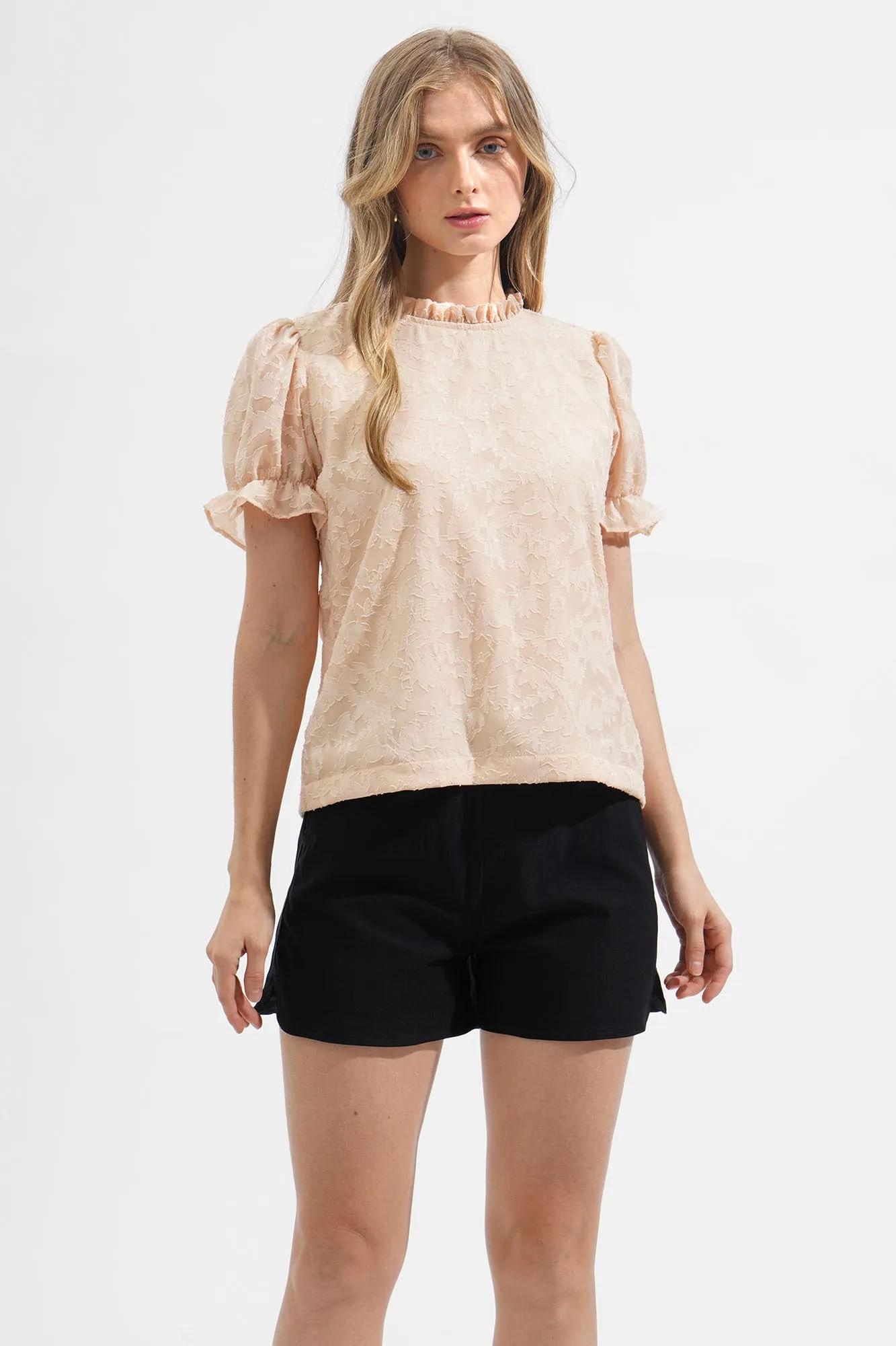 Jacquard Neck Trim Puff Sleeve Top