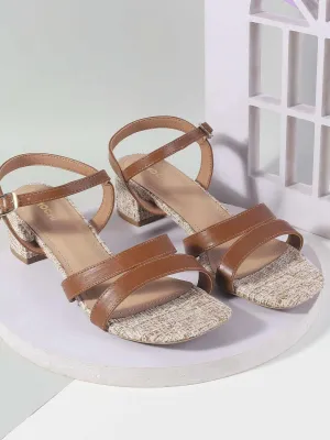 Mochi Women Woven Design Block Heel Sandals with Buckles