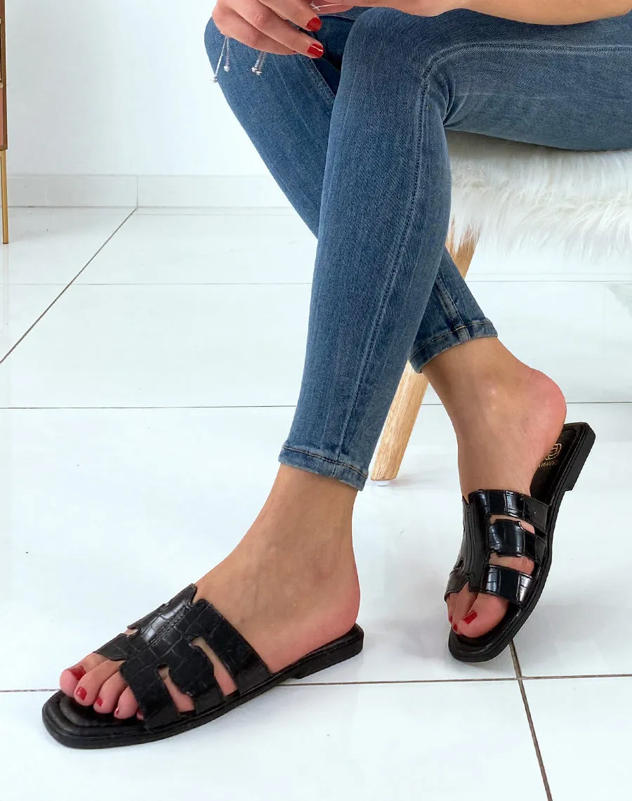 Mules plates noires effet croco