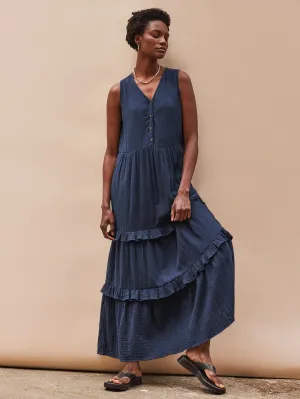 Navy V-Neck Cheesecloth Midaxi Dress
