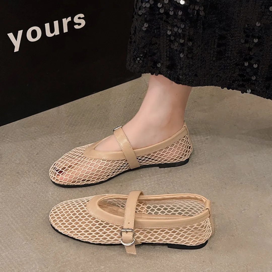 OCW Woman Shoes Comfortable Round Toe Buckles Cut-out Mary Jane Shoes Mesh Ballet Flats