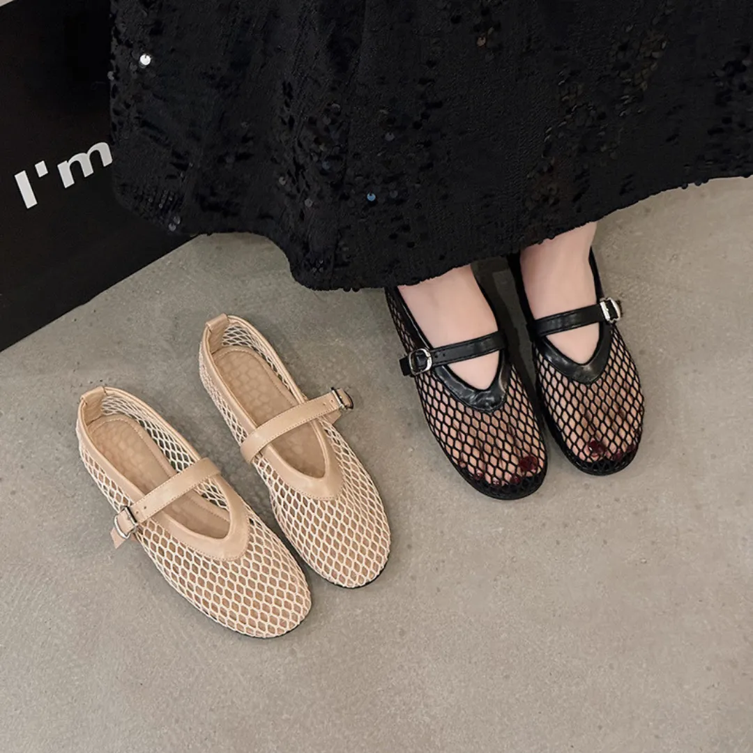 OCW Woman Shoes Comfortable Round Toe Buckles Cut-out Mary Jane Shoes Mesh Ballet Flats