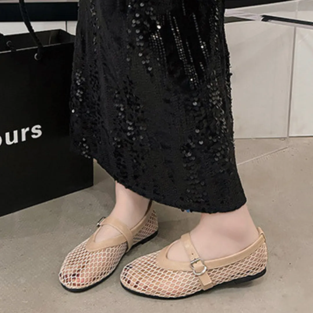 OCW Woman Shoes Comfortable Round Toe Buckles Cut-out Mary Jane Shoes Mesh Ballet Flats