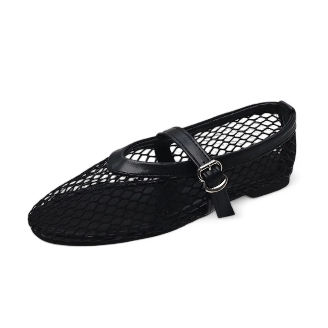 OCW Woman Shoes Comfortable Round Toe Buckles Cut-out Mary Jane Shoes Mesh Ballet Flats